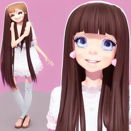 Prompt: Render of Nikki from Shining Nikki Dress-Up Game, a cute 3D young woman, long light pink hair, full bangs, full round face, hazel amber eyes, pale skin, cute freckles, light blush, Chinese heritage, smiling softly, wearing casual clothing, interior lighting, cozy home background, medium shot, mid-shot, hyperdetailed, trending on Artstation, Unreal Engine 4k