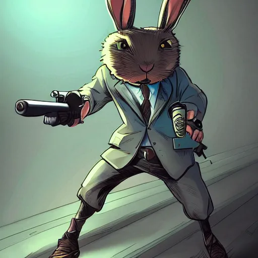 Image similar to rabbit hitman, comic strip style, dynamic lighting, fantasy concept art, trending on art station, stunning visuals, creative, cinematic, ultra detailed