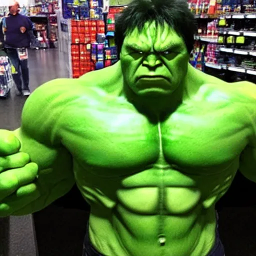 Image similar to the incredible hulk shoping at walmart