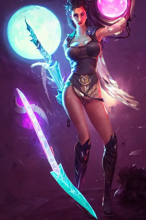 Image similar to diana from league of legends, cyberpunk futuristic neon. holding a moon sword, moon glowing in background decorated with traditional japanese ornaments by ismail inceoglu dragan bibin hans thoma greg rutkowski alexandros pyromallis nekro rene maritte illustrated, perfect face, fine details, realistic shaded, fine - face, pretty face, masterpiece