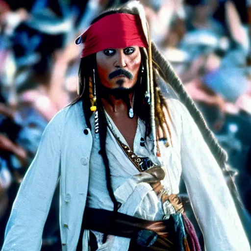 Prompt: photo of Donald Trump as Captain Jack Sparrow the movie Pirates of the Caribbean, cinestill, 800t, 35mm, full-HD