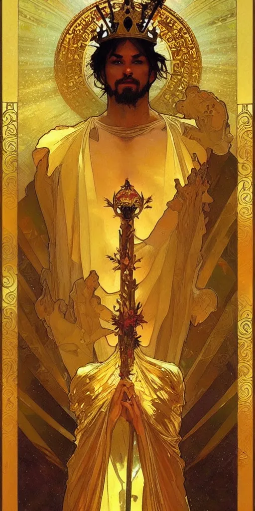 Image similar to a god wearing golden clothes and golden crown, amazing, tarot art, painting by greg rutkowski and alphonse mucha