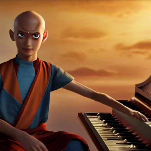 Image similar to Aang from Avatar the last airbender playing the piano, UHD, hyperrealistic render, 4k, highly detailed