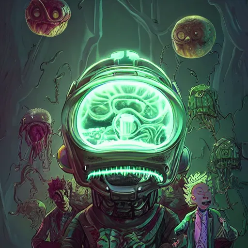 Image similar to Rick and Morty fused with Lovecraft and Predator and Vader helmet and cybernetic version of the thing and the blob, fractal Lighting, portrait, by Stanley Artgerm Lau, WLOP, Rossdraws, James Jean, Andrei Riabovitchev, Marc Simonetti, and Sakimichan, trending on artstation