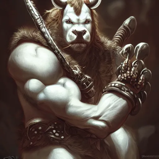 Prompt: portrait of a very very cute cow barbarian, muscular, wild, upper body, d & d, fantasy, intricate, cinematic lighting, highly detailed, digital painting, artstation, concept art, smooth, sharp focus, illustration, art by hajime sorayama