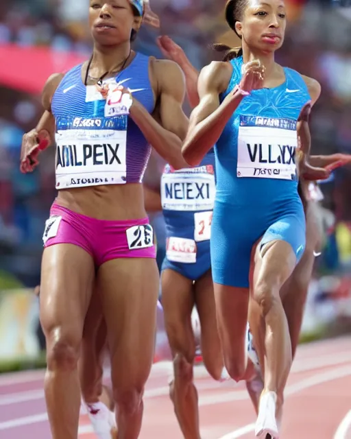 Image similar to allyson felix, at the 2 0 0 - meter starting line, olympic trials, sports photography in the style of neil leifer, bokeh