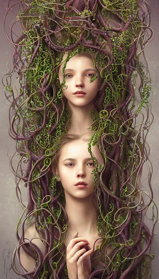 Prompt: very detailed portrait of a 2 0 years old girl surrounded by tentacles, the youg woman visage is blooming from fractal and vines, by ivan aivazovski,