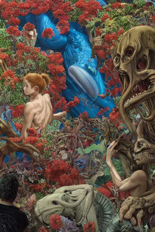 Prompt: a large computer with lots of power and a big aquarium, attack on titan by james jean, surreal, norman rockwell, trees, flowers by francis bacon, exotic vegetation, tristan eaton, victo ngai, triadic color scheme, edward hopper, a still from the film alien, indi sulta, beksinski, nicola samori, hyperrealism