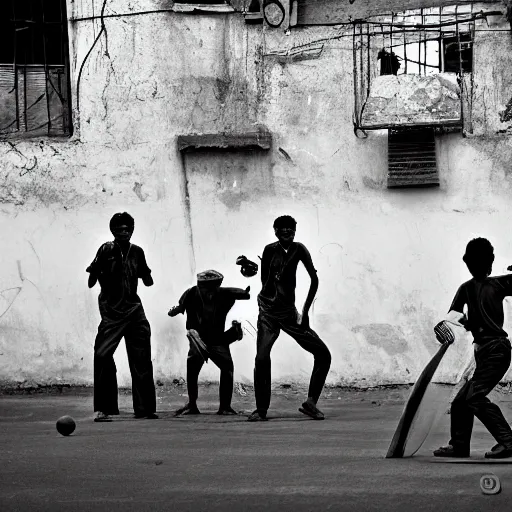 Image similar to four guys playing a game of cricket, on an indian street, award winning image, national geographic, dslr 3 0 mm image, black and white, wow, gorgeous