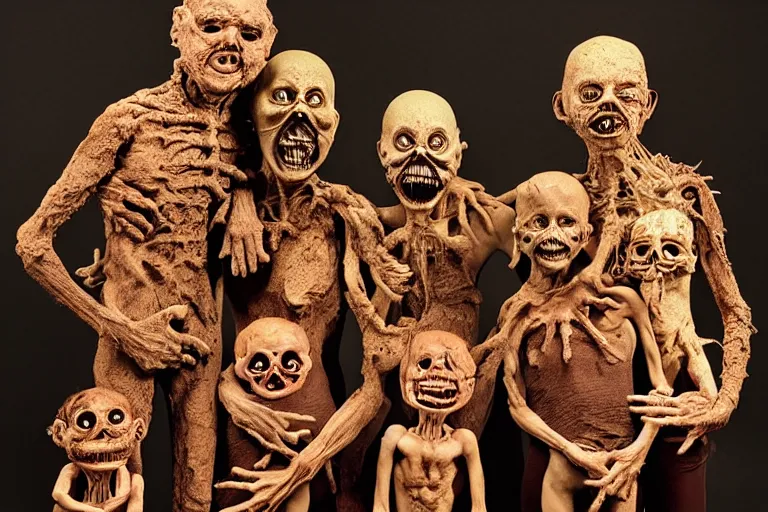 Image similar to studio portrait of a happy creepy mud clay family by bob bottin, horror grotesque, realistic detailed photography 1 9 7 0's