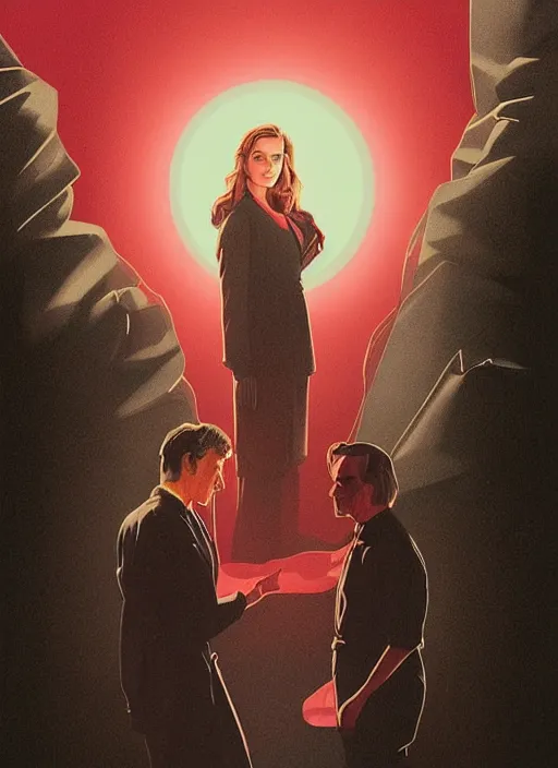 Prompt: Twin Peaks movie poster artwork by Michael Whelan and Tomer Hanuka, Rendering of Emma Watson & Kiernan Shipka meeting David Bowie the god spirit, from a scene from Twin Peaks, clean, full of detail, Matte painting, trending on artstation and unreal engine