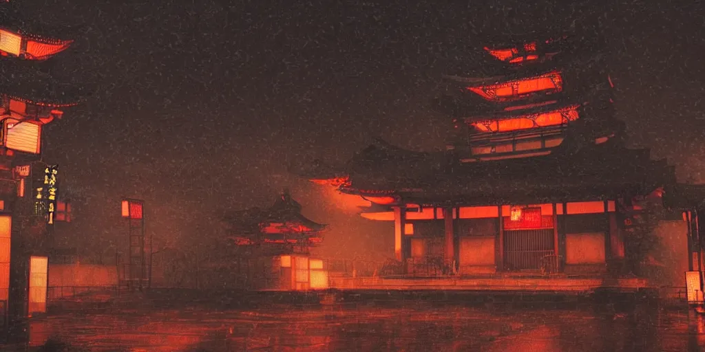 Prompt: “an ancient Japanese temple, shrouded in a cyberpunk city, during a rainy night, 4k, cinematic, neon lights, dark, hyperrealistic, trending of art station”