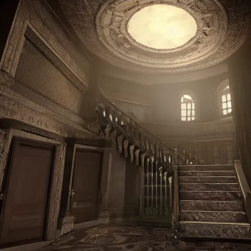 Prompt: inside a haunted mansion, large staircase, dark shadows, moonlight, realistic, unreal engine