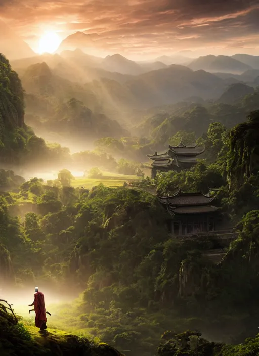 Image similar to a cosmic monk in lord of the rings scenery landscape, looking out at a vast lush valley at sunrise, huge ancient chinese temple in the distance, god's rays, highly detailed, vivid color, cinematic lighting, perfect composition, 8 k, gustave dore, derek zabrocki, greg rutkowski, belsinski, octane render