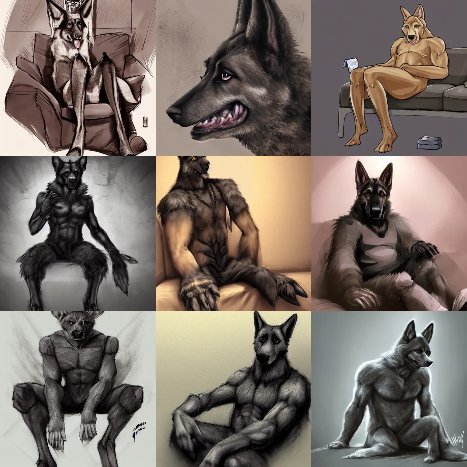 Prompt: a humanoid german shepherd beast - man, sitting on a couch and puts on socks, furaffinity, concept art, smooth, sharp focus illustration, trending on weasyl