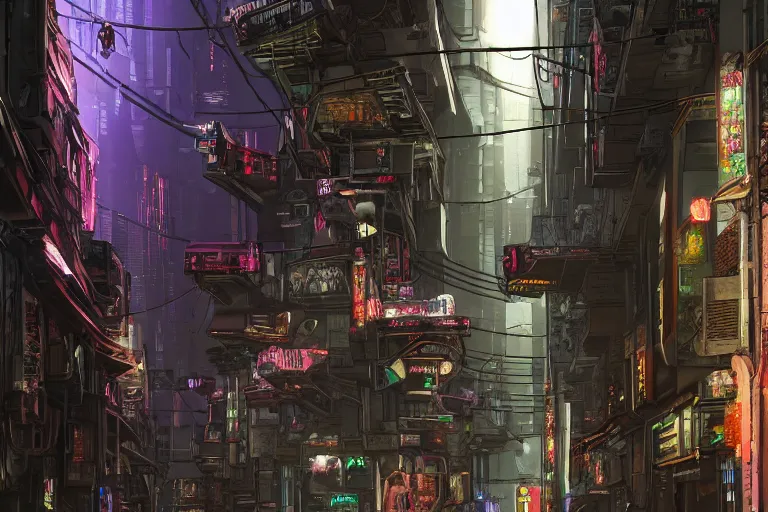 Image similar to cyberpunk alleyway, extremely detailed architecture and lighting wide-shot