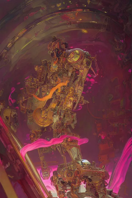 Image similar to interior of a Stomach digesting filled with glowing pink water, Digestion Acid, Skeleton, Cross section, Claustrophobic, seapunk Mecha , vaporwave , digital art, artstation, by WLOP, Ilya repin, alphonse mucha., Very highly detailed 8K, octane, Digital painting, the golden ratio,