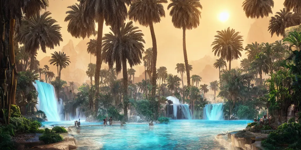 Image similar to beautiful oasis waterfalls surrounded by palm trees, Moroccan tile archways, date trees, ivory towers, sun setting, ross tran, nephilim, pyroclastic flow, ethereal, fantasy, James Jean, oozium, peter morbacher, angelarium, alchemy, luxury, heavenly light, Soft illumination, Trending on artstation, Cinematic Lighting, digital painting, octane render, artgerm