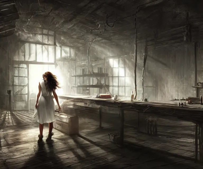 Image similar to style : disco elysium. composition : medium shot. style : digital art ; detailed ; menacing ; 4 k. scenery : the inside of a dark barn ; a faint ray of light is shining through a crack in the planks. subject : a young woman ; dark hair ; wearing a white dress. action : the woman is hiding behind a workbench.