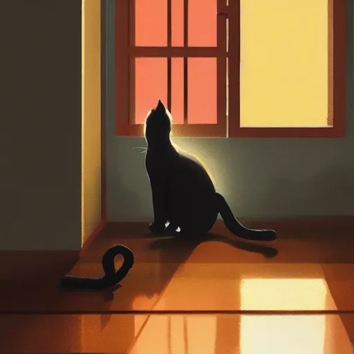 Image similar to close up of a cat stretching, in a house hallway, silhouette, warm colors, beautiful composition, by Atey Ghailan, by Craig Mullins and Dan Mumford, digital art, digital painting, trending on artstation,