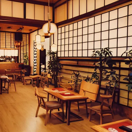 Image similar to a warmly lit photograph of the interior of a japanese style coffee shop named'arizona ', realistic