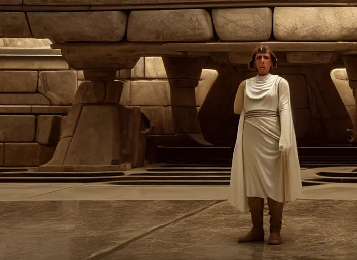 Image similar to portrait of Princess Leia alone at Jedi Temple scene from the last jedi, 2022, film by Stanley Kubrick, 4k serene, iconic , photoreal Carrie fischer, detailed stunning cinematography, hyper detailed, sharp, anamorphic lenses, kodak color film