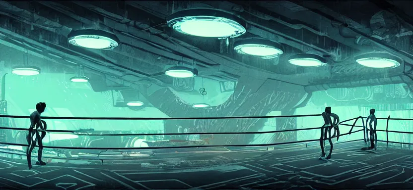 Image similar to handmade illustration of futuristic boxing ring, line art, octane render with volumetric lighting, watercolor by Kilian Eng and escher, olympic weight room in bladerunner neon radioactive swamp