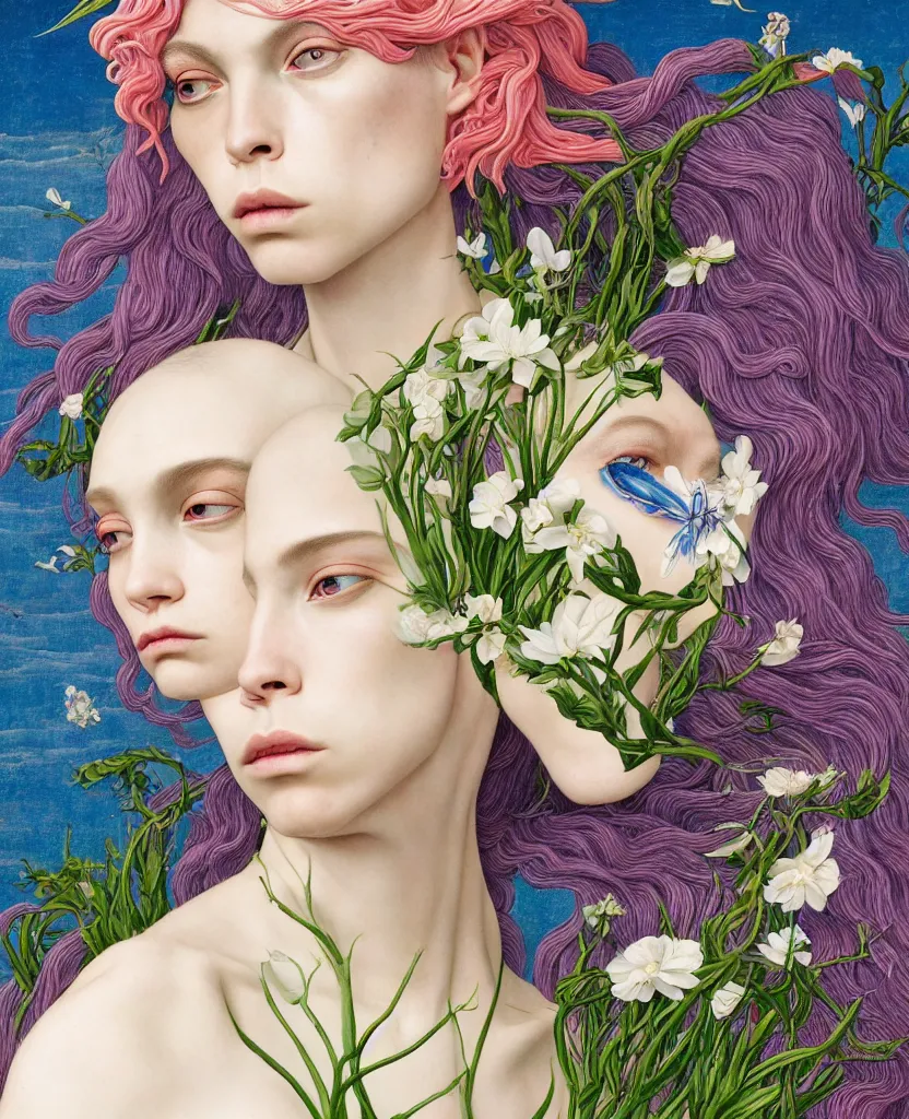 Image similar to 1 figure!!!!!!, the non-binary deity of Spring, resembling a mix of Grimes, Aurora Aksnes, and Zoë Kravitz, in a style blend of Botticelli, Möbius and Æon Flux, the figure is made out of spring flora and fauna, surrealism, stunningly detailed artwork, hyper photorealistic 4K, stunning gradient colors, very fine inking lines