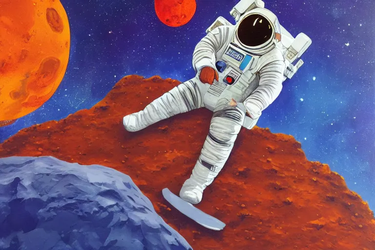 Image similar to an astronaut laying on mars in the style of flooko, acrylic art, detailed, moonlight,