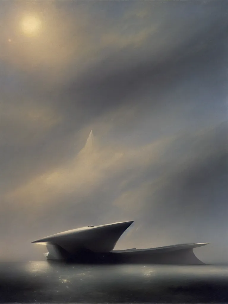 Image similar to minimalist futuristic zaha hadid spaceship painting by ivan aivazovsky