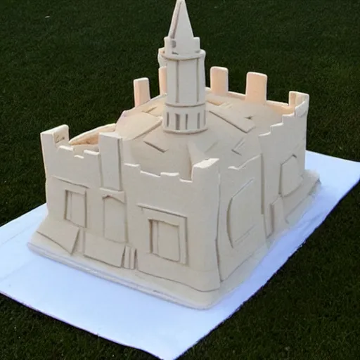 Prompt: sand castle in the shape of the White House