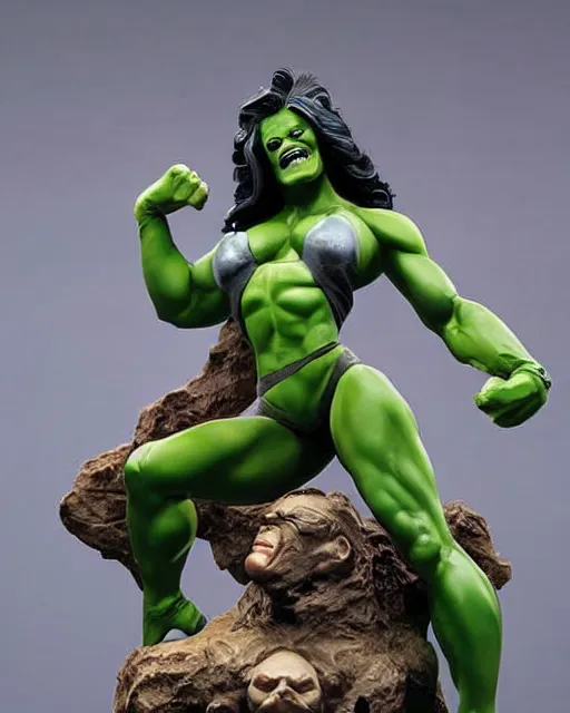 Image similar to maquette sculpture of the sensational she hulk dressed as an avenger, lifting a volkswagen beetle over her head, hyperreal, highly detailed, in the style of jordu schell