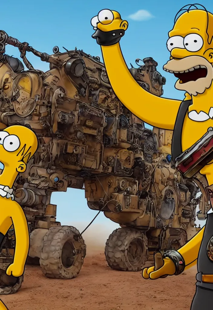 Image similar to Homer Simpson in Fury Road Road Warrior movie, borderlands 4k render