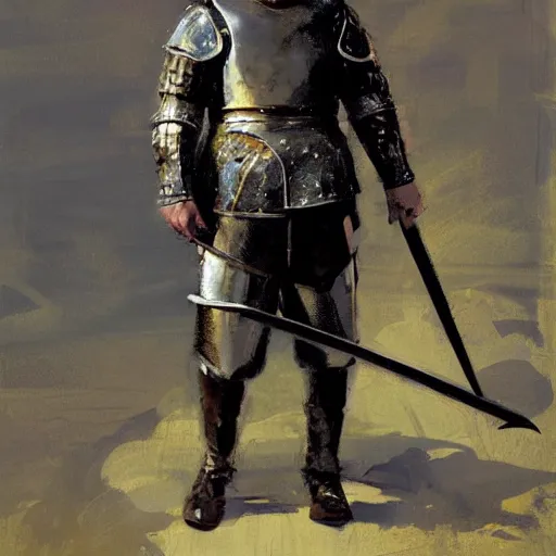 Prompt: portrait of man wearing gambeson and sallet helmet, holding sword, attacking, dramatic, detailed by greg manchess, craig mullins, bernie fuchs, walter everett