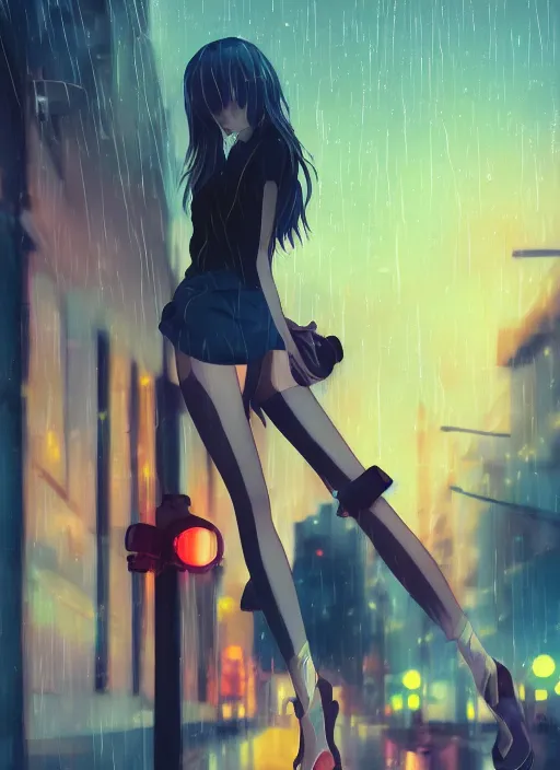 Image similar to listening to music at 2 am, night, pretty girl, pose, rain, lofi, lofi, peaceful, street light, anime key visual, poster, street wears, anime, by wlop, high quality, 4 k, trending, trending on artstation