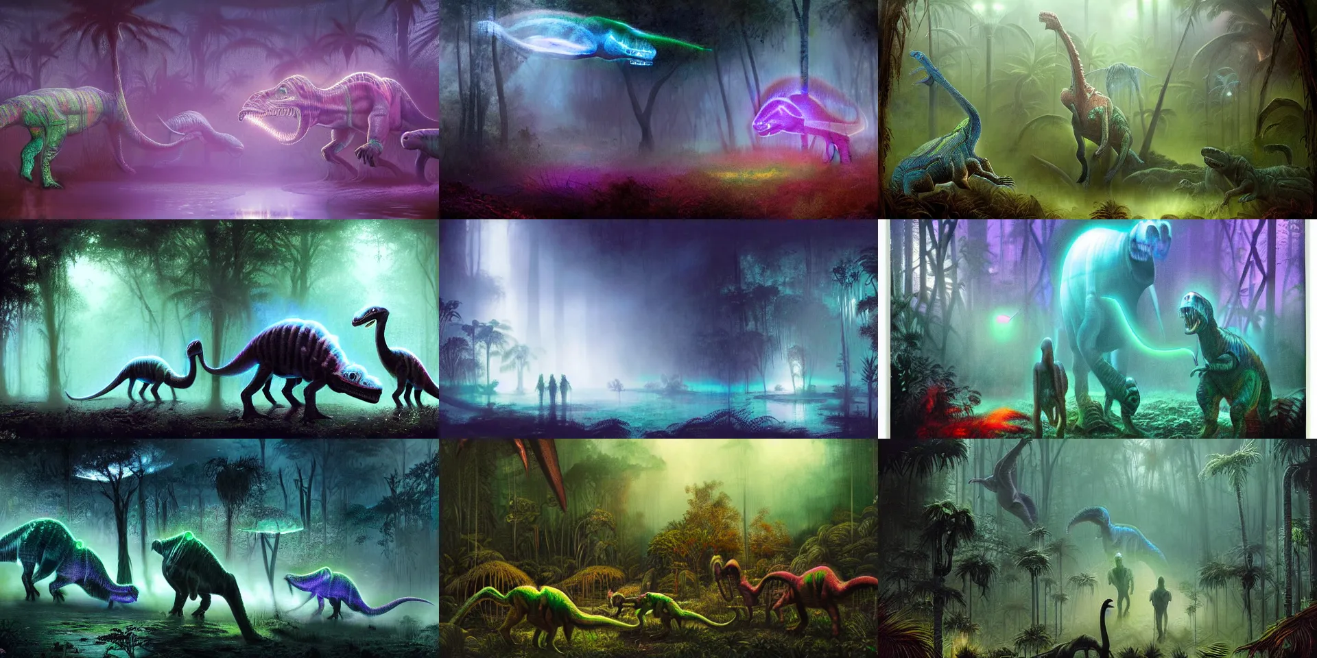 Prompt: spectral holographic glowing dinosaurs, foggy jungle in the background, by seb mckinnon