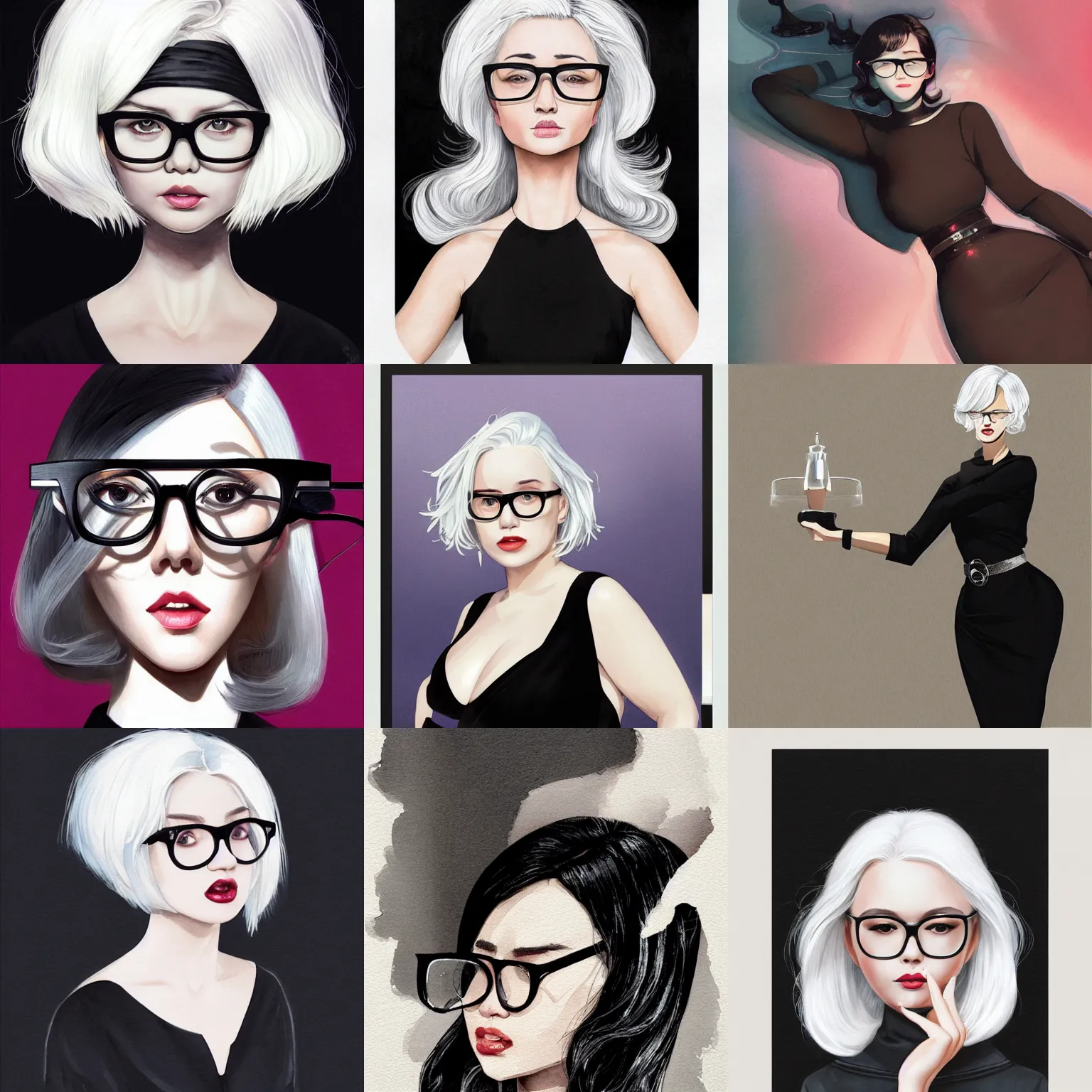 Prompt: woman with medium length white hair, curvy figure, black dress with silver belt, wearing black frame glasses, solid background color, digital art, illustration, cinematic lighting, vibrant watercolor, symmetrical face, wenjun lin, pixiv, artgerm, ilya kuvshinov, krenz cushart, wlop, nixeu, razaras, kasai