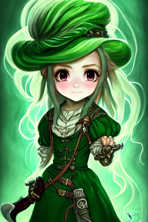 Prompt: a portrait of girl bard in green dress, fantasy, dungeons and dragons, an ultrafine detailed painting, chibi, detailed painting, boris valejo. octopath traveler decal!!!