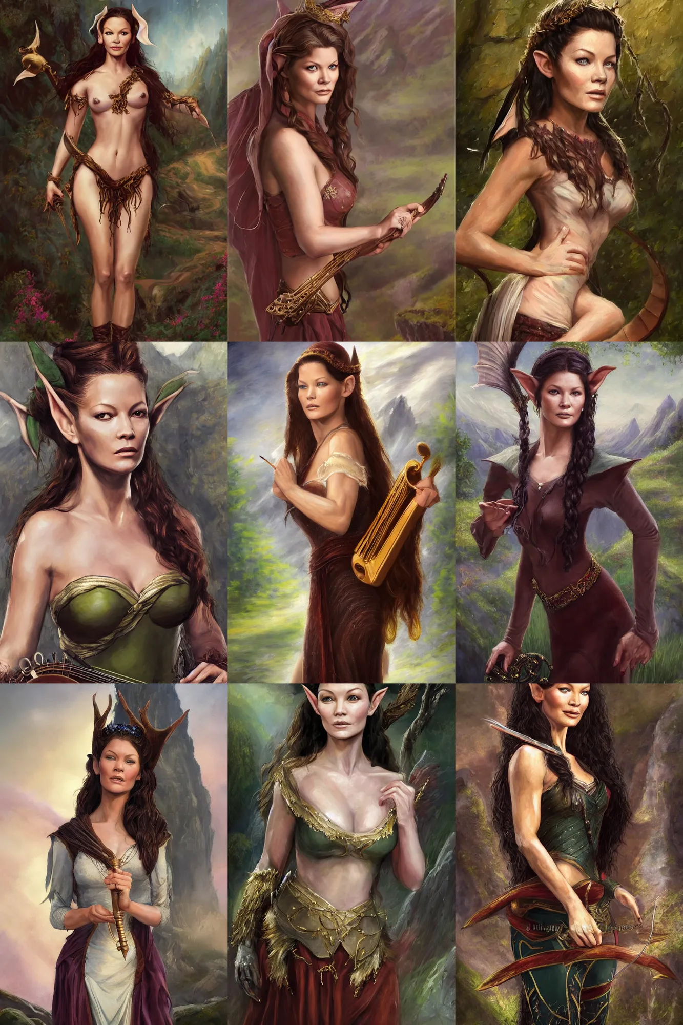 Prompt: a full body high detail fantasy portrait oil painting illustration of young catherine zeta - jones as a beautiful sophisticated singing bard elf by justin sweet with face and body clearly visible, in a scenic background, pupils visible, realistic proportions, d & d, rpg, forgotten realms, artstation trending, high quality, sombre mood, artstation trending, muted colours, entire person visible!