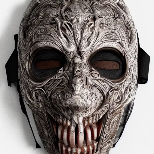 Prompt: horror mask, overhead photography, professional photography, photorealistic, intricate, detailed, intricately detailed, trending on artstation, 4 k, 8 k