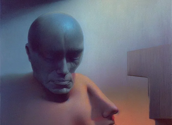 Prompt: portrait painting of closeup meditation, science fiction, Edward Hopper and James Gilleard, Zdzislaw Beksinski, highly detailed