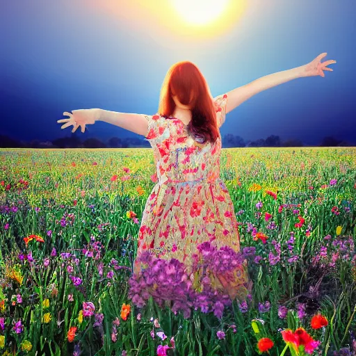 Image similar to full body snake head girl standing in a flower field, her head is hidden behind many snakes, surreal photography, sunrise, dramatic light