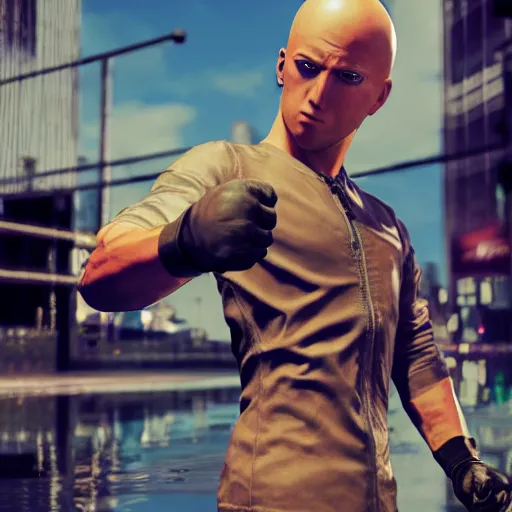 Image similar to an ingame shot of the one punch man as a gta 5 character, ingame shot from gta 5, ray tracing x, wet reflections, unreal engine 5, intricate details, fantasy, hyper realism, humongous view, smooth, cinematic