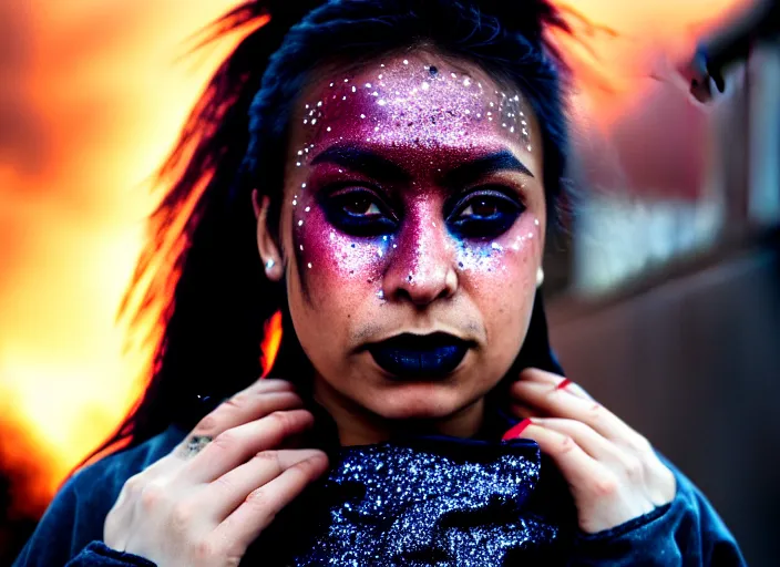 Prompt: Cinestill 50d photograph of a techwear mixed woman wearing thick mascara and dark glitter makeup crying outside of a city on fire, tattoos, tilted frame, 4k, 8k, hd, full color, bokeh