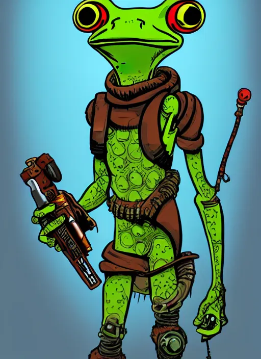 Image similar to an anthropomorphic frog dressed as a wasteland raider, in a post-apocalyptic wasteland, illustration in the style of Don Bluth, ralph bakshi, Peter Laird, Jamie Hewlett