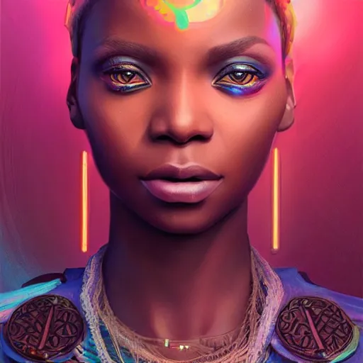 Image similar to african hydropunk princess, science fiction, highly detailed, digital painting, beautiful eyes, symmetry, concept art, sharp focus, illustration, global illumination, radiant light, synthwave colors, detailed and intricate environment, art by artgerm and greg rutkowski and magali villeneuve and ilya kuvshinov!