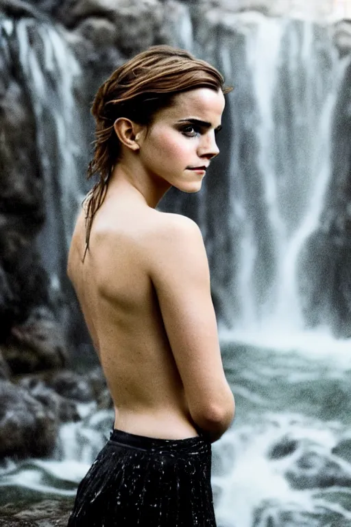 Image similar to intimate photo of emma watson walking through a waterfall, portrait in the style of petter hegre, sharp details, beautiful face, pale skin, rule of thirds, cinematic lighting, rainy weather, melancholy atmosphere, sharp focus, backlit, stunning, smooth, hard focus, full body shot, instagram photo, shot on iphone 1 3 pro max, hyper realistic