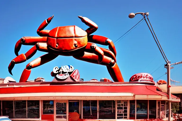 Image similar to 1 9 8 5 crab themed giant sculpture, googie architecture, one point perspective, americana, fishcore, restaurant exterior photography, hd 8 k, taken by alex webb