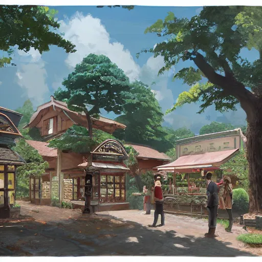 Image similar to concept art painting of a historic bakery with european and japanese architecture, in a woodland village surrounded by trees, realistic, detailed, cel shaded, in the style of makoto shinkai and greg rutkowski and james gurney