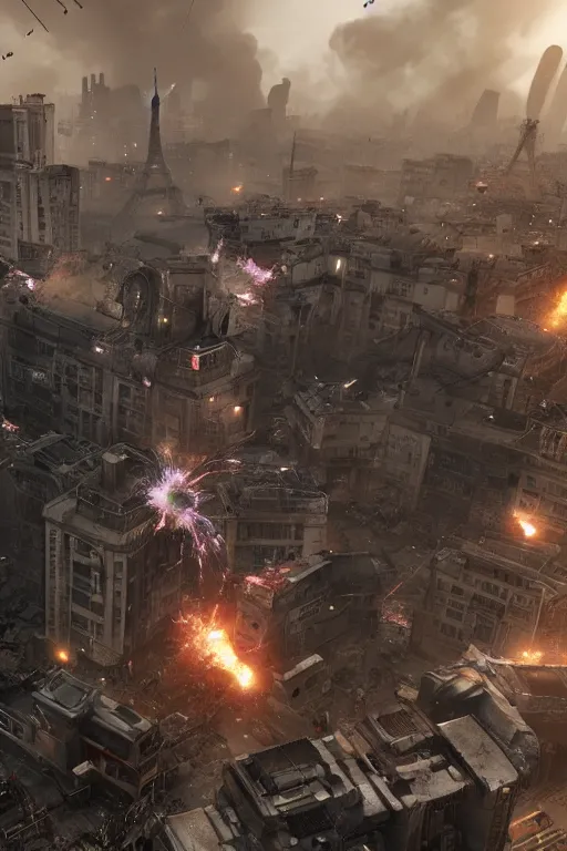 Prompt: paris cyberpunk attacked by aliens, lots of explosions and destroyed building, realistic, high definition, many details, dramatic scene, detailed and realistic hands, symmetrical face, realistic eyes, art of unreal engine 5